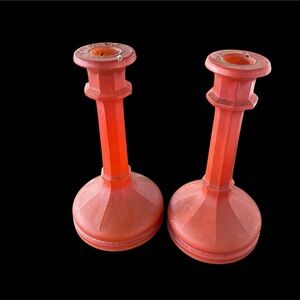 1940s Art Deco Glass Candlestick
Holders Sunset Orange Vintage Taper